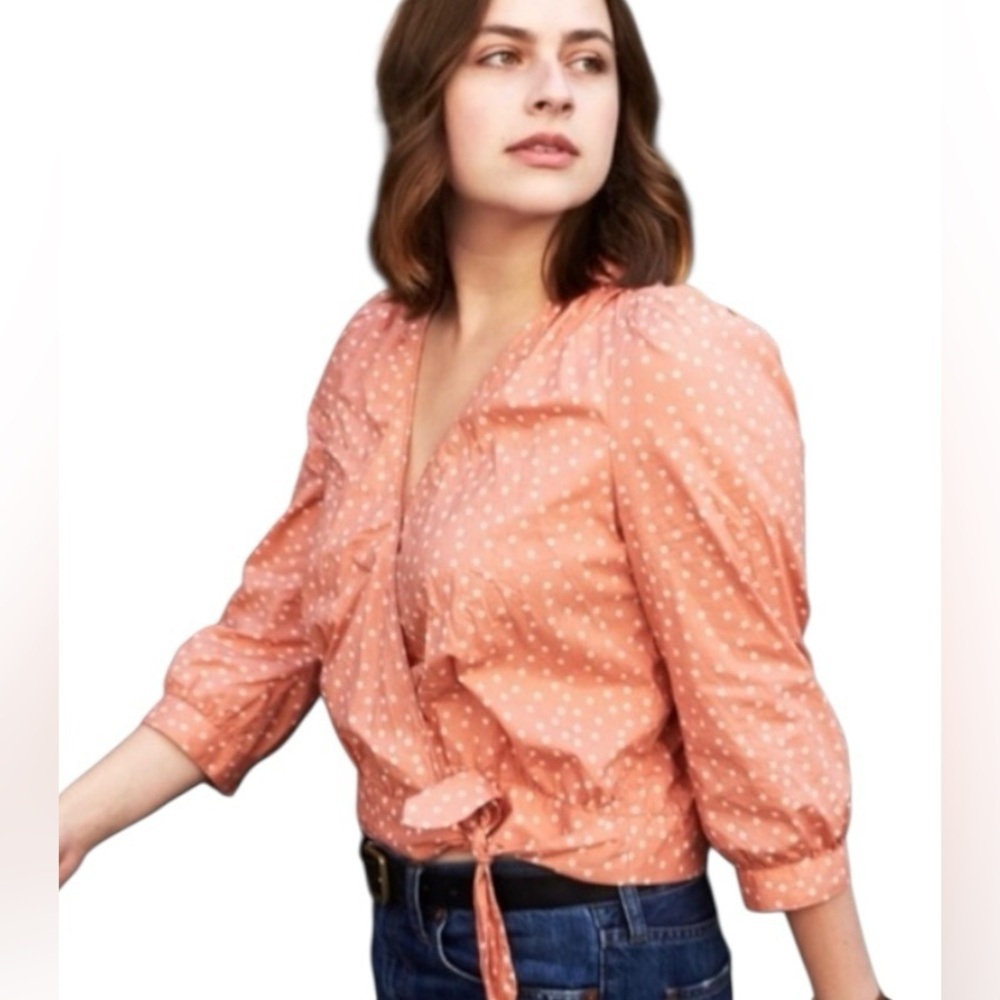 Madewell Wrap Top – Pink Star Scatter – Puff Sleeve‎ V-Neck – Size Small NWOT
